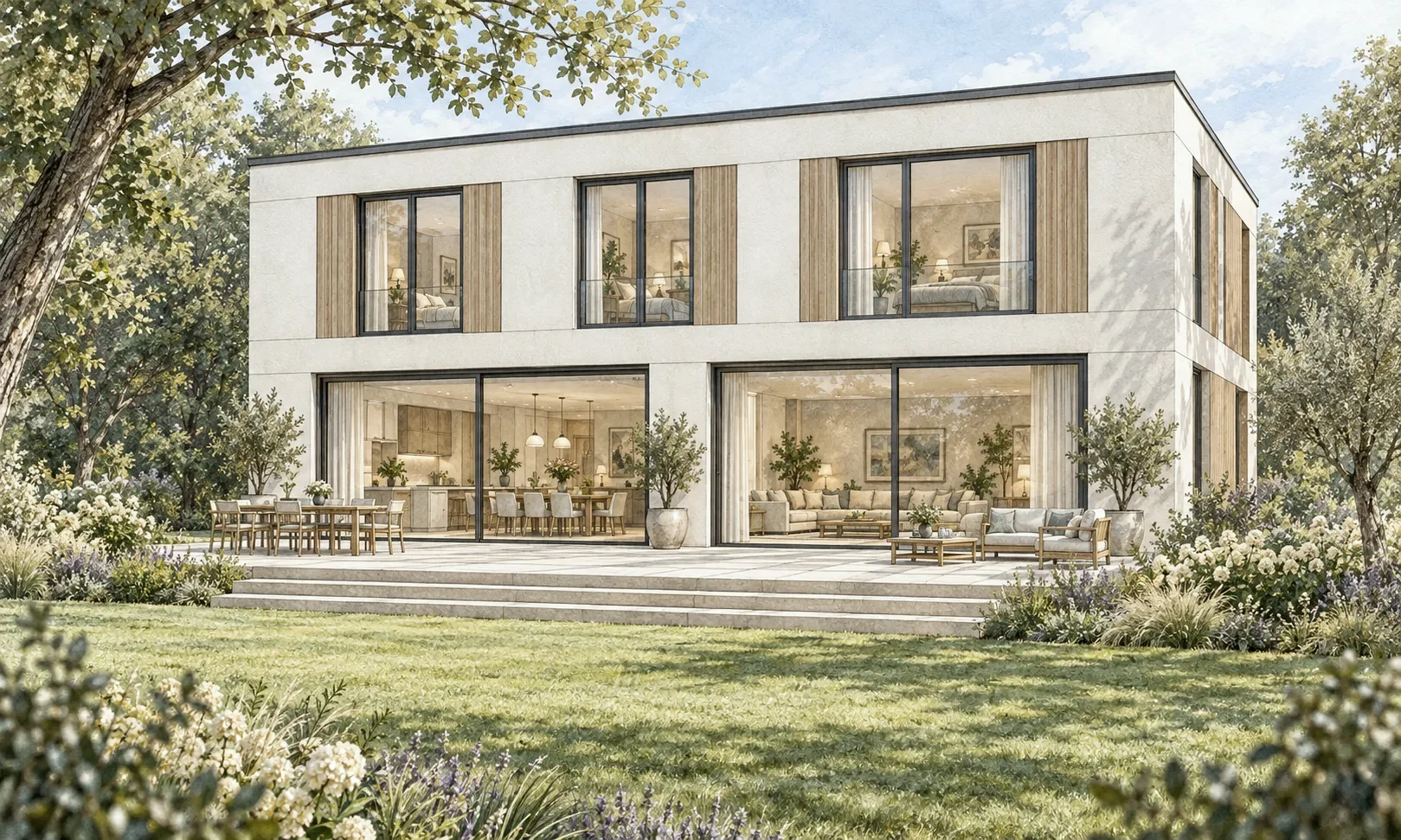 Architectural visualisation of a proposed two-storey house in ivory render and oak, with full-height glazing opening onto a garden terrace
